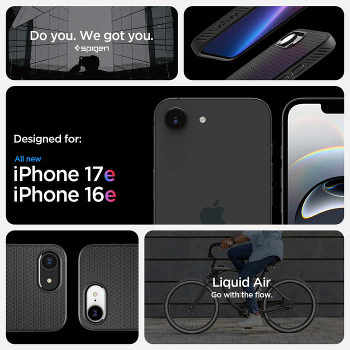 ACS09161 - iPhone 17e Case Liquid Air in Matte Black showing iPhone 17e and iPhone 16e compatibility and compatibility with design.