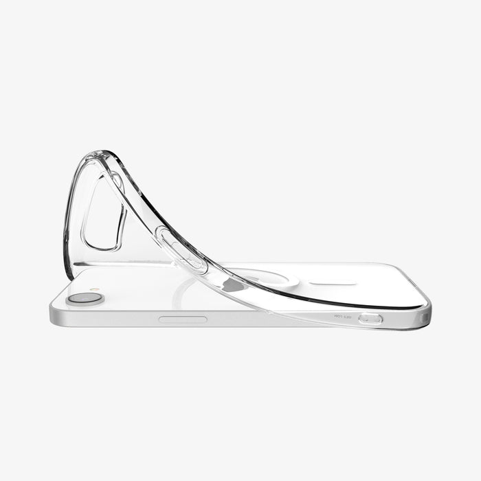 ACS09150 - iPhone 17e Case Liquid Crystal (MagFit) in Clear White showing the partial back and sides while corner's partially lifted