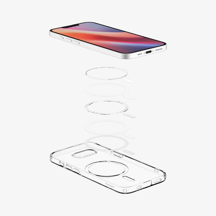 ACS09150 - iPhone 17e Case Liquid Crystal (MagFit) in Clear White showing the device hovering above the detached magsafe ring parts and the case