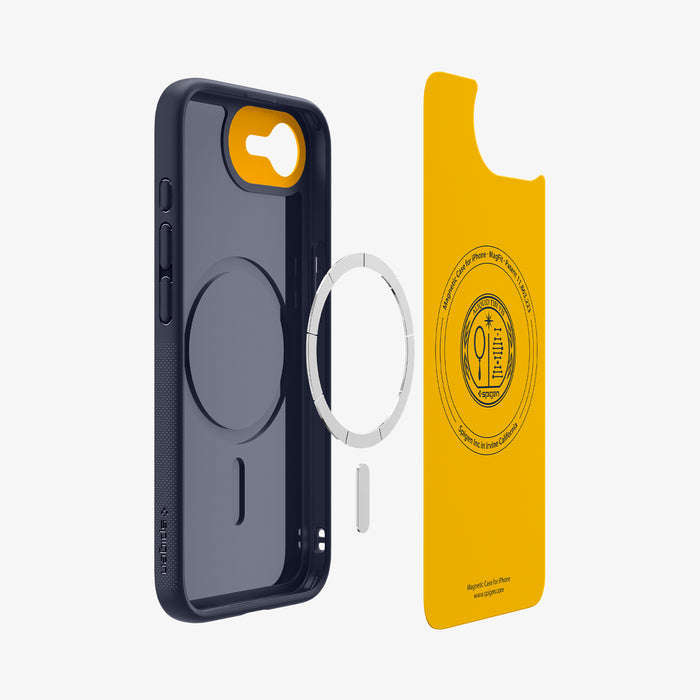 ACS09154 - iPhone 17e Case Nano Pop (MagFit) in Blueberry Navy showing the inner hovering in front of the detached metal ring and the case