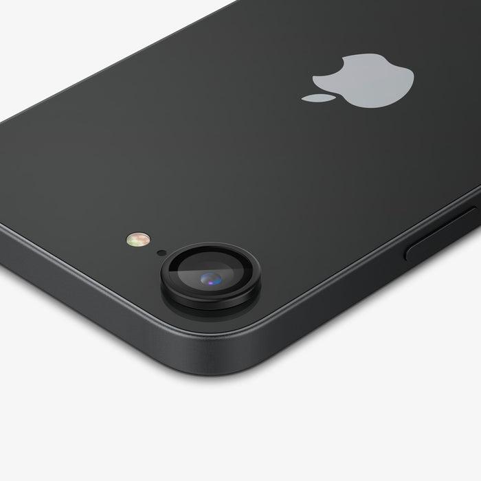 AGL09279 - iPhone 17e Optik Pro EZ Fit Lens Protector in Black showing the back, partial top and side with lens screen protector installed on the device