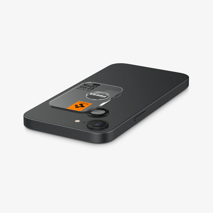 AGL09279 - iPhone 17e Optik Pro EZ Fit Lens Protector in Black showing the back, partial top and side with installation tray and lens screen protector on top of the device