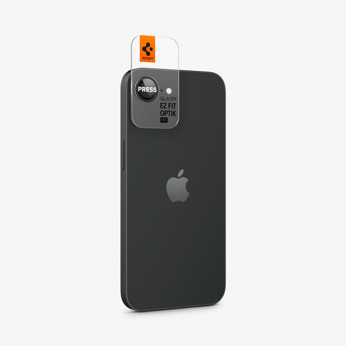 AGL09279 - iPhone 17e Optik Pro EZ Fit Lens Protector in Black showing the back and partial side with the installation tray attached to the camera lens