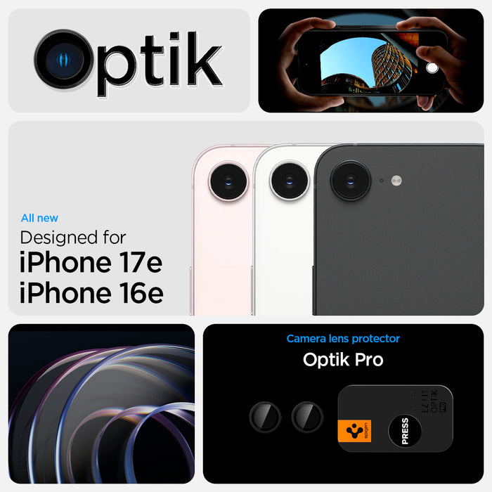AGL09279 - iPhone 17e Optik Pro EZ Fit Lens Protector in Black showing the all new design for iPhone 17e and iPhone 16e. Camera lens protector. Optik Pro