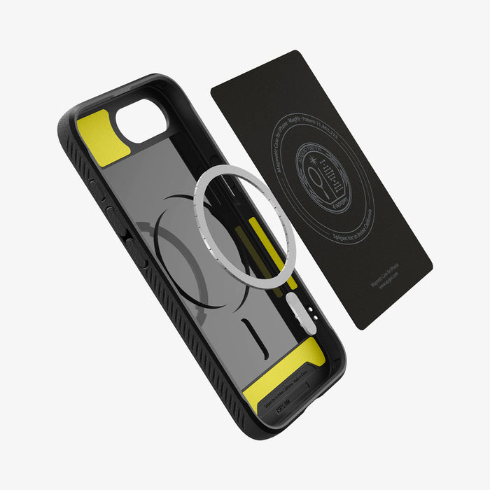 ACS09152 - iPhone 17e Case Rugged Armor (MagFit) in Matte Black showing the inner layer hovering in front of the detached metal ring and the case