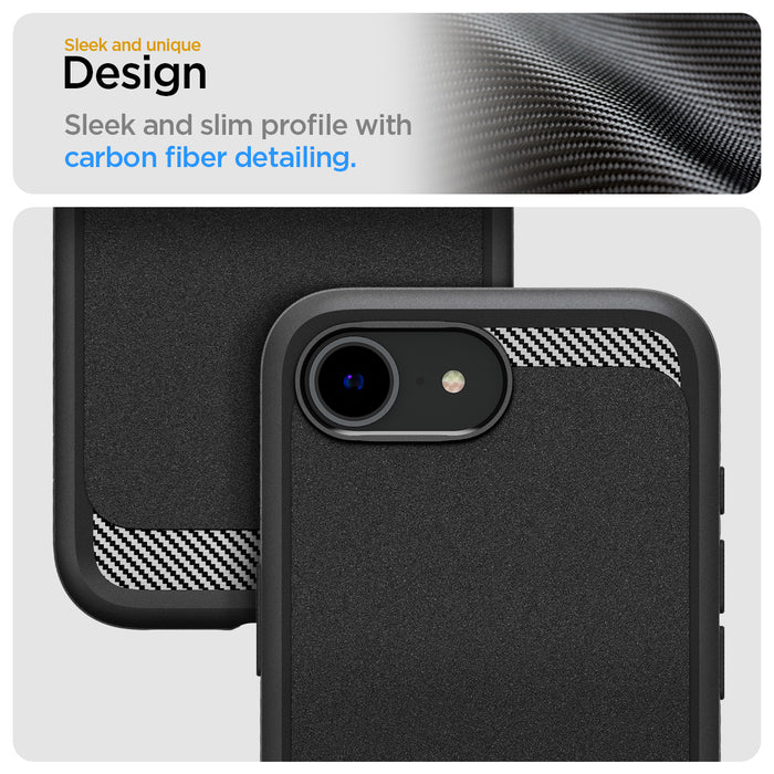 ACS09152 - iPhone 17e Case Rugged Armor (MagFit) in Matte Black showing the sleek and unique design. Sleek and slim profile with carbon fiber detailing