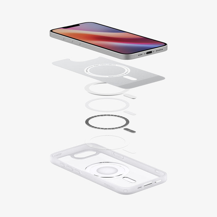 ACS09147 - iPhone 17e Case Ultra Hybrid Classic (MagFit) in Classic Silver showing the device, hovering above the detached inner layer, metal ring parts, and the case