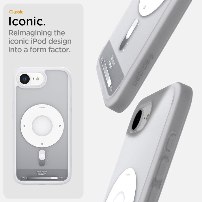 ACS09147 - iPhone 17e Case Ultra Hybrid Classic (MagFit) in Classic Silver showing the classic Iconic. Remaining the iconic iPod design into a form factor