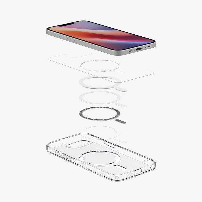 ACS09139 - iPhone 17e Case Ultra Hybrid (MagFit) in Clear White showing the device hovering above the detached inner layer, metal ring parts and the case