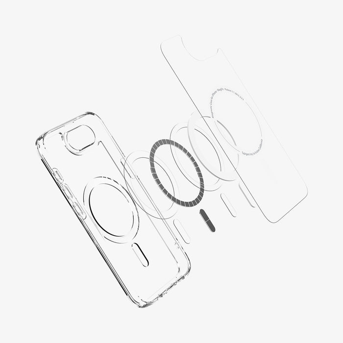 ACS09139 - iPhone 17e Case Ultra Hybrid (MagFit) in Clear White showing the inner layer hovering above the detached metal ring parts and the case