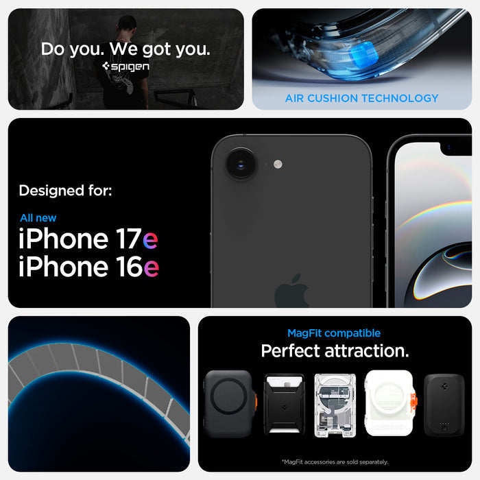 ACS09139 - iPhone 17e Case Ultra Hybrid (Mag Fit) showing iPhone 17e and iPhone 16e compatibility and compatibility with Mag Fit. Showcases Air Cushion technology along with Mag fit accessories showcases of Mag Fit wallets and chargers but Mag fit accesso