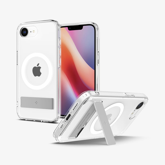 ACS09148 - iPhone 17e Case Ultra Hybrid S (MagFit) in Clear White showing the back, partial front, sides and bottom propped up with the built-in kickstand