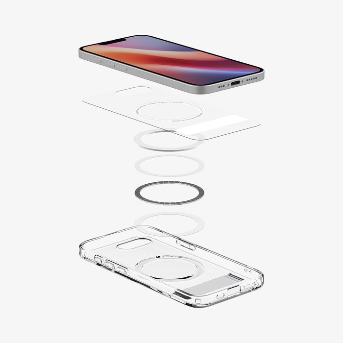 ACS09148 - iPhone 17e Case Ultra Hybrid S (MagFit) in Clear White showing the device hovering above the detached inner layer, metal ring parts and the case