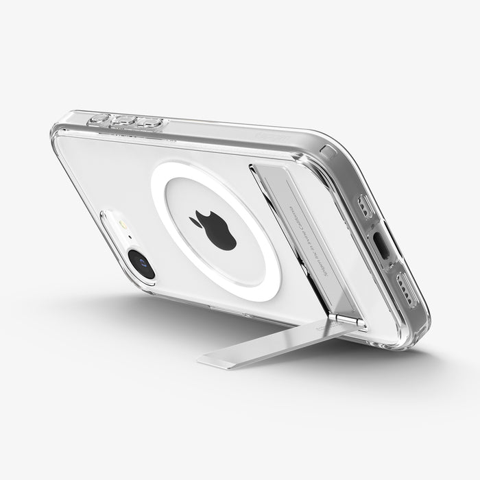 ACS09148 - iPhone 17e Case Ultra Hybrid S (MagFit) in Clear White showing the back, partial side and bottom propped up with the built-in kickstand