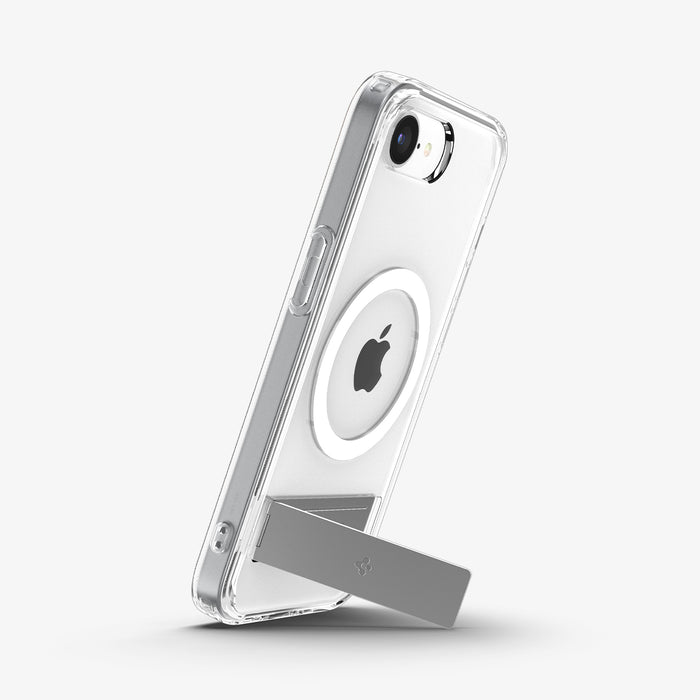 ACS09148 - iPhone 17e Case Ultra Hybrid S (MagFit) in Clear White showing the back, partial side propped up with the built-in kickstand in portrait style