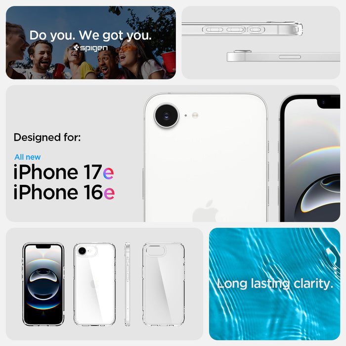 ACS09160 - iPhone 17e Case Ultra Hybrid in Crystal Clear showing iPhone 17e and iPhone 16e compatibility and long lasting clarity.