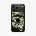 ACS12049 - Spigen Phantom C11 olive green iPhone 17 Pro Max case flat back view with UFO conspiracy collage graphic