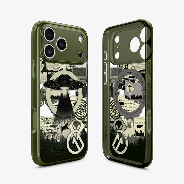 ACS12049 - Spigen Phantom C11 olive green iPhone 17 Pro Max case with UFO and conspiracy newspaper collage graphic, front and back view