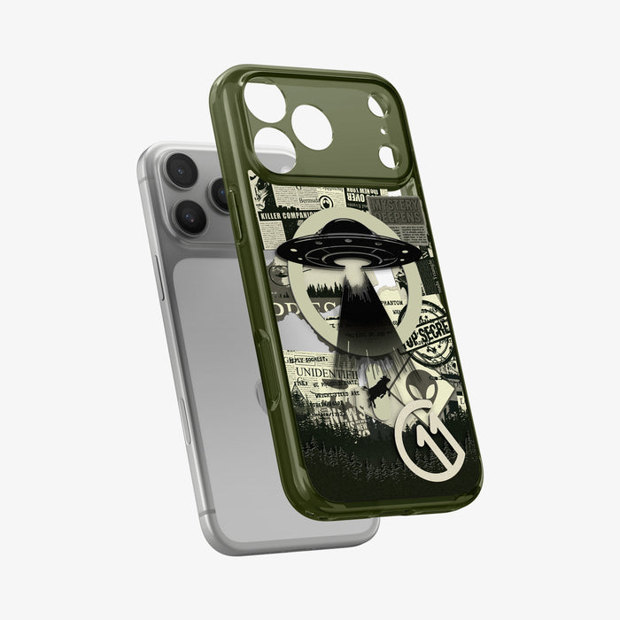 ACS12049 - Spigen Phantom C11 olive green iPhone 17 Pro Max case with UFO collage design shown off iPhone