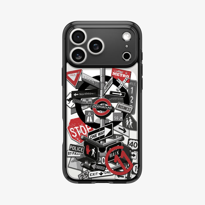 ACS11841 - Spigen Signal C11 iPhone 17 Pro Max case showing the Spigen Signal C11 case flat back view with street sign collage graphic around camera cutout
