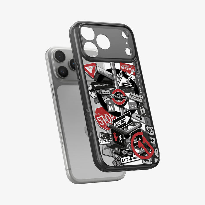 ACS11841 - Spigen Signal C11 iPhone 17 Pro Max case showing the Spigen Signal C11 case propped against a phone, with the street sign graphic design visible off the phone