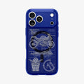 ACS12203 - Close-up of the Spigen C11 Velocity case for iPhone in blue, showing the motorcycle blueprint print detail and camera cutout