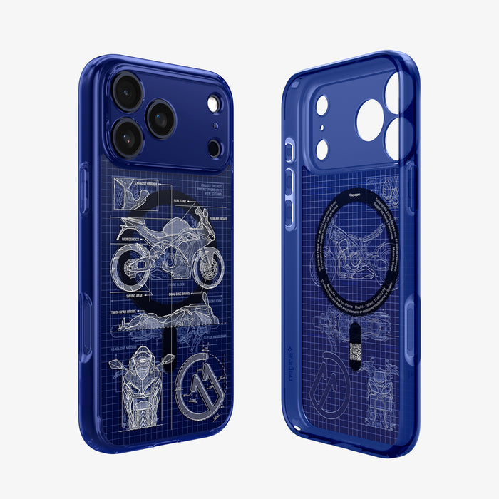 ACS12203 - Back and front view of the Spigen C11 Velocity iPhone case, showing the motorcycle blueprint design and the MagSafe ring with Spigen branding and QR code