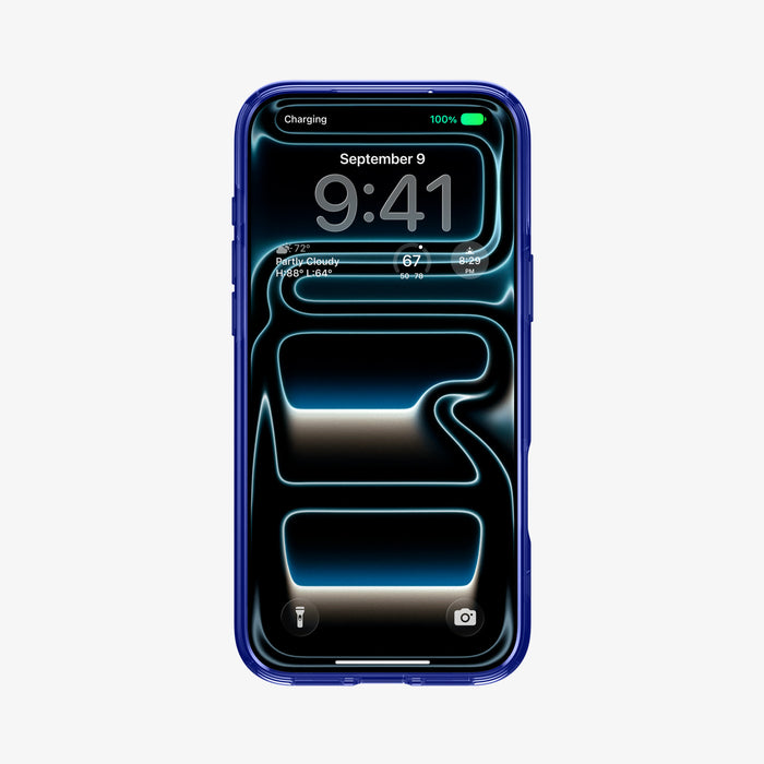 ACS12203 - Front view of an iPhone in the Spigen C11 Velocity case, showing the lock screen with time, weather, and battery percentage