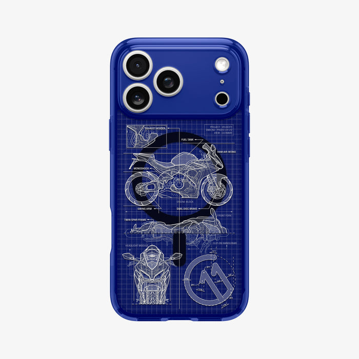 ACS12204 - Close-up of the Spigen C11 Velocity case for iPhone in blue, showing the motorcycle blueprint print detail and camera cutout