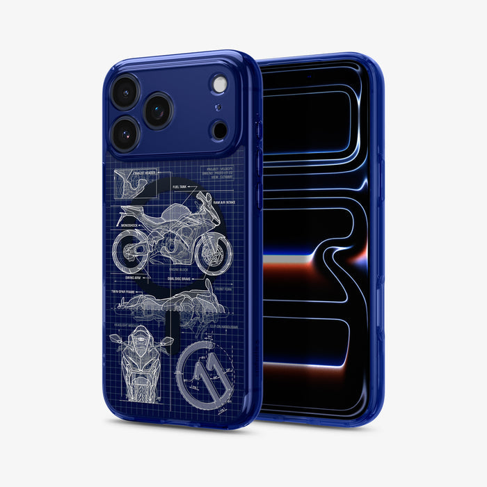 ACS12204 - Front and back view of the Spigen C11 Velocity iPhone case, showing the camera cutout with motorcycle blueprint print on the back and the phone's lock screen on front