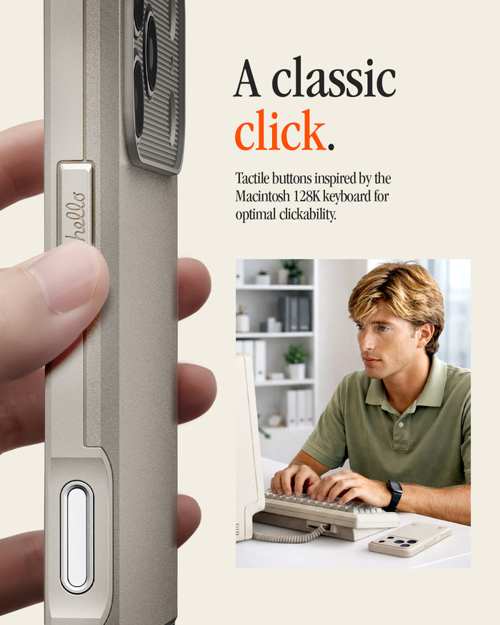 ACS10478 - iPhone 17 Pro Max Classic LS MagFit case showing a hand pressing the case's tactile side button, next to a man typing on a vintage Macintosh keyboard.