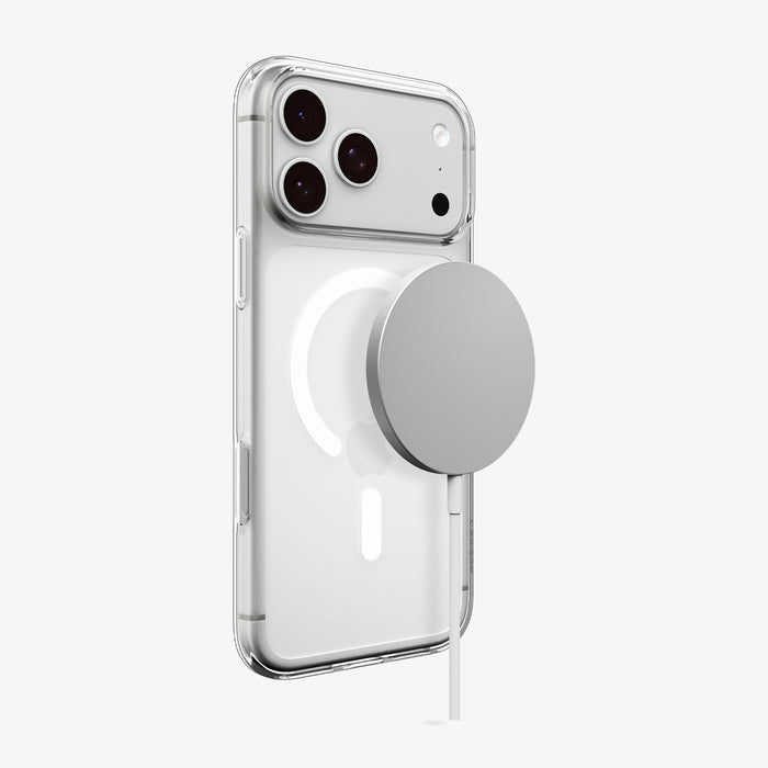 ACS11912 - iPhone 18 Pro Max / iPhone 17 Pro Max Crystal Flex (Mag Fit) showing the built-in magnetic ring securely attached to a magnetic charging accessory.