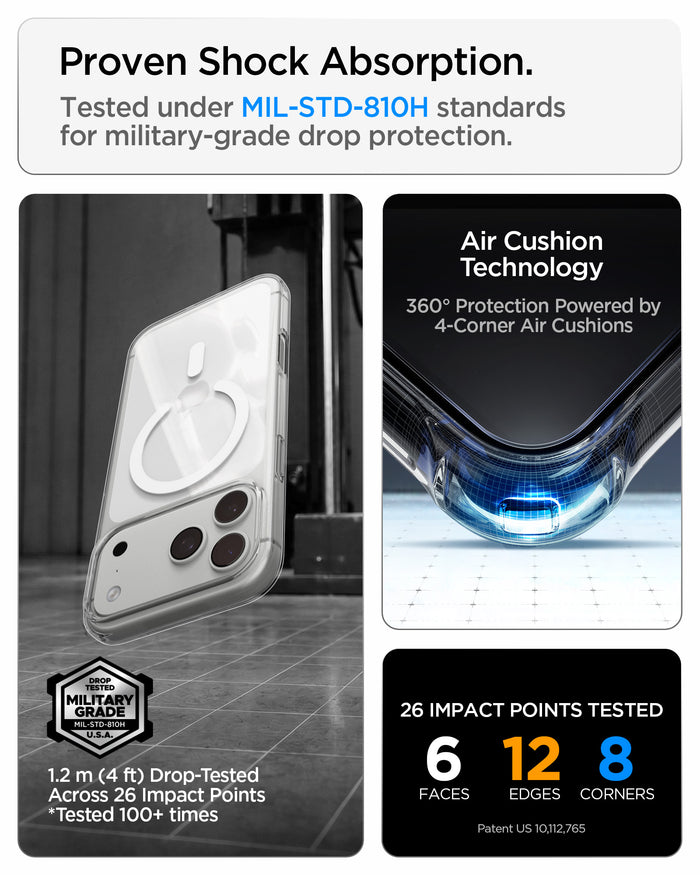 ACS11912 - iPhone 18 Pro Max / iPhone 17 Pro Max Crystal Flex (Mag Fit) showing military-grade drop protection with Air Cushion Technology at all four corners.