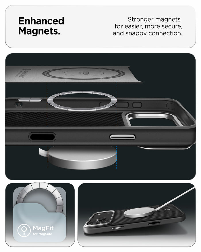 ACS09905CC - iPhone 18 Pro Max / iPhone 17 Pro Max Enzo Aramid T (Mag Fit) Black Silver showing enhanced magnets designed for a secure and easy magnetic connection