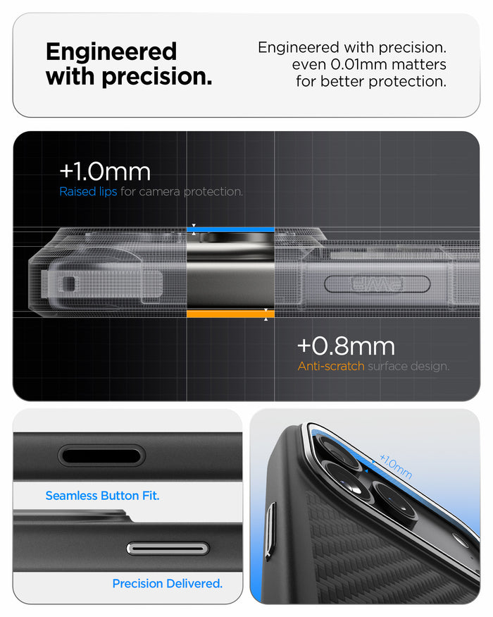 ACS09905CC - iPhone 18 Pro Max / iPhone 17 Pro Max Enzo Aramid T (Mag Fit) Black Silver showing raised camera edges, precise button fit, and protective surface design