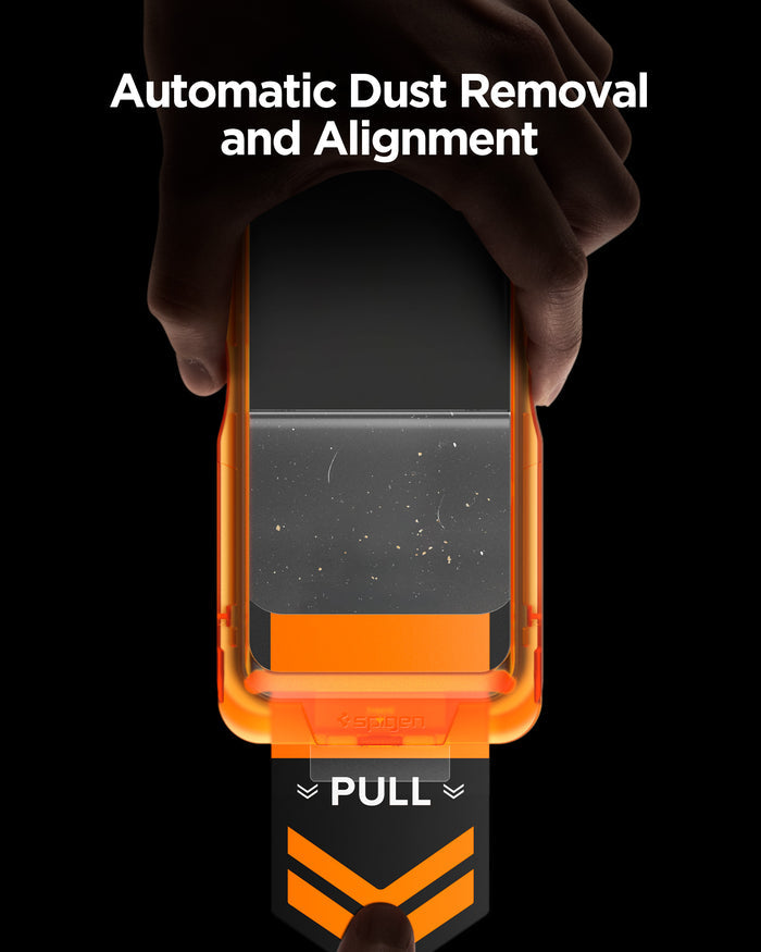 AGL11322 - iPhone 18 Pro Max / iPhone 17 Pro Max GLAS.tR AlignMaster S showing automatic dust removal and alignment using the pull-tab installation tray.