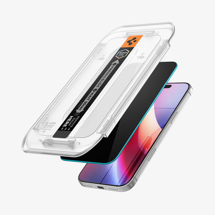 AGL12029 - iPhone 18 Pro Max Pro GLAS.tR EZ Fit | Privacy showing a screen protector aligned with the installation tray for easy application.