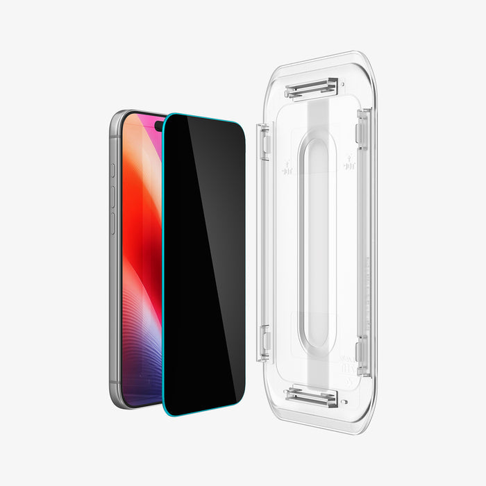 AGL12029 - iPhone 18 Pro Max Pro GLAS.tR EZ Fit | Privacy showing a screen protector positioned between the device and installation tray.