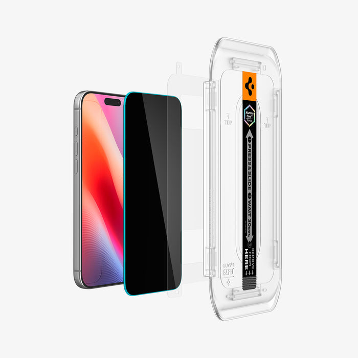 AGL12029 - iPhone 18 Pro Max Pro GLAS.tR EZ Fit | Privacy showing the screen protector, protective layer, and installation tray aligned for application.