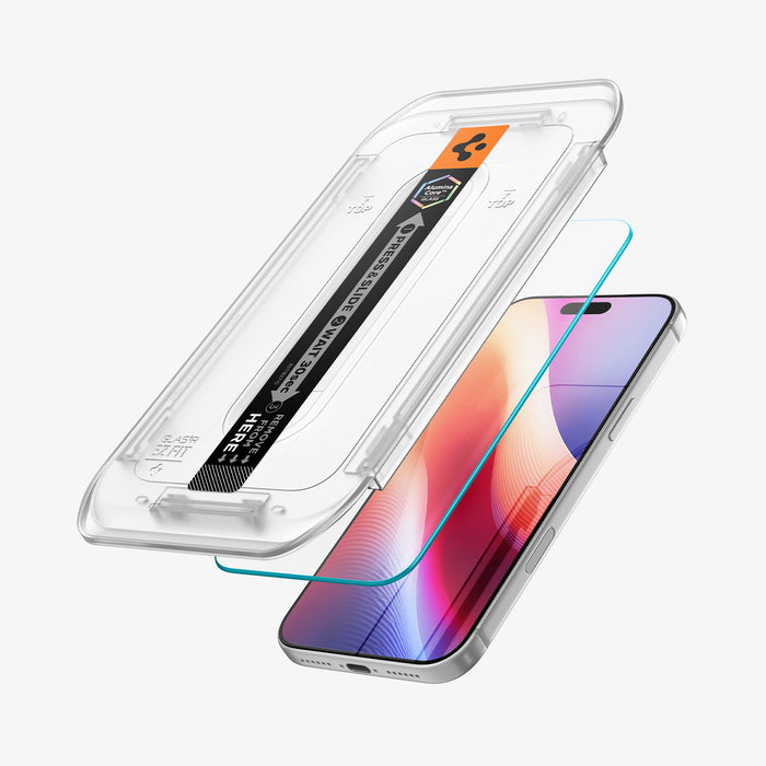 AGL07907 -  iPhone 18 Pro Max / iPhone 17 Pro Max GLAS.tR EZ Fit | Sensor Protected showing a screen protector aligned with the installation tray for easy application.
