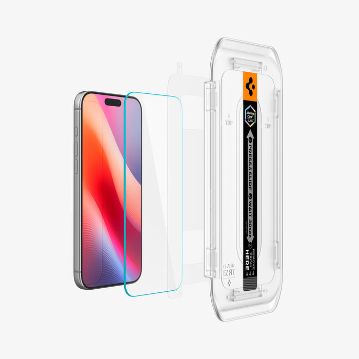 AGL07907 -  iPhone 18 Pro Max / iPhone 17 Pro Max GLAS.tR EZ Fit | Sensor Protected showing the screen protector, protective layer, and installation tray aligned for application.