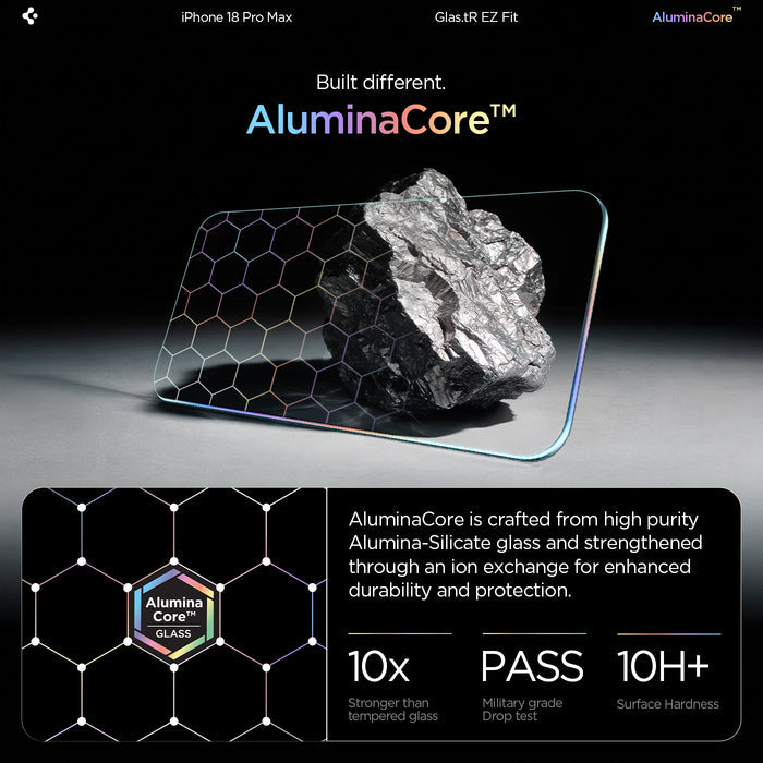 AGL07907 - iPhone 18 Pro Max / iPhone 17 Pro Max GLAS.tR EZ Fit | Sensor Protected showing the tempered glass material next to a raw mineral graphic with hexagonal pattern overlay and strength, drop test, and hardness ratings