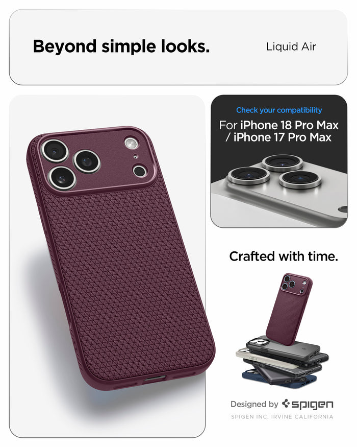 ACS12334 - iPhone 18 Pro Max / iPhone 17 Pro Max Liquid Air in Dark Cherry showing beyond simple looks. liquid air. designed by spigen.