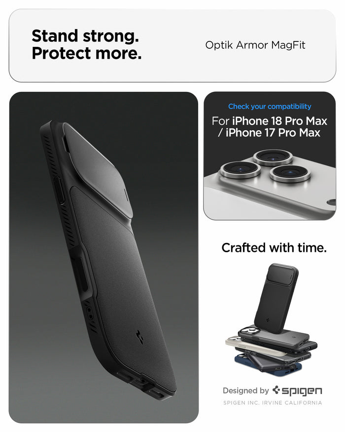 ACS09900 - iPhone 17 Pro Max Series Case Optik Armor (MagFit) in black showing the stand strong and protect more with the case. Only compatible with iPhone 17 pro max