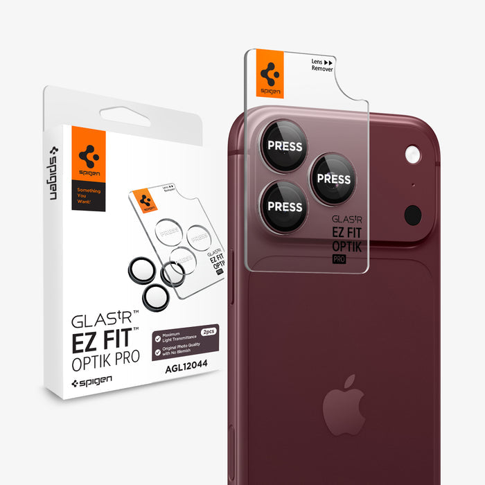 AGL12044 - iPhone 18 Pro Max / iPhone 18 Pro Optik Pro EZ Fit Lens Protector in burgundy showing a camera lens protector with an alignment tray and retail packaging.