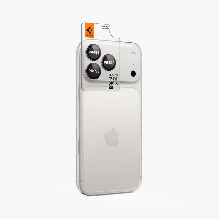 AGL12044 - iPhone 18 Pro Max / iPhone 18 Pro Optik Pro EZ Fit Lens Protector in burgundy showing an alignment tray positioned over the camera lenses for precise installation.