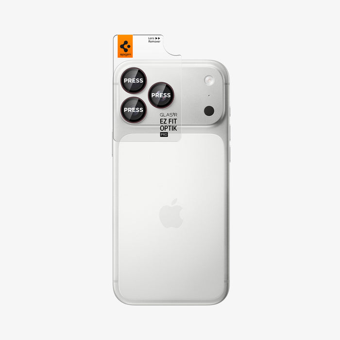 AGL12044 - iPhone 18 Pro Max / iPhone 18 Pro Optik Pro EZ Fit Lens Protector in burgundy showing an alignment tray positioned over the camera lenses for easy installation.