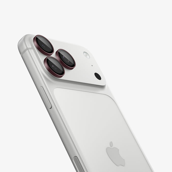 AGL12044 - iPhone 18 Pro Max / iPhone 18 Pro Optik Pro EZ Fit Lens Protector in burgundy showing individual lens protectors installed over the camera lenses.