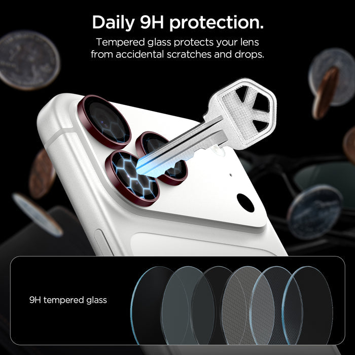 AGL12044 - iPhone 18 Pro Max / iPhone 18 Pro Optik Pro EZ Fit Lens Protector in burgundy showing tempered glass lens protectors shielding the camera lenses from scratches and impacts.