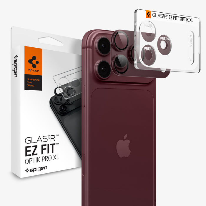 AGL12040 - iPhone 18 Pro Max Optik Pro XL EZ Fit Lens Protector in burgundy showing a camera lens protector with an alignment tray and retail packaging.